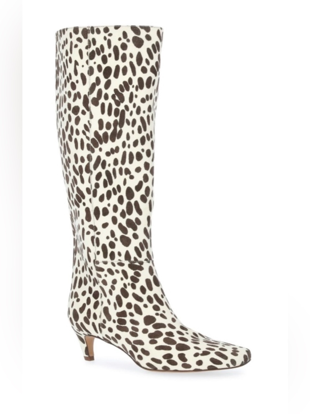 Scoop Dalmatian/Cow Ptint Women's Knee-High Kitten Heel Boots - White/Brown